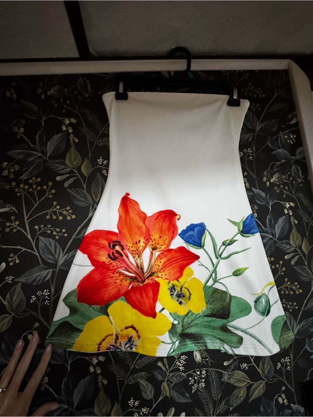White Floral A-Line Skirt with Red & Yellow Blooms tube-top mini dress